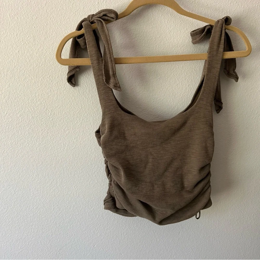 Free People Boulevard ruched cropped tie shoulder tank olive green